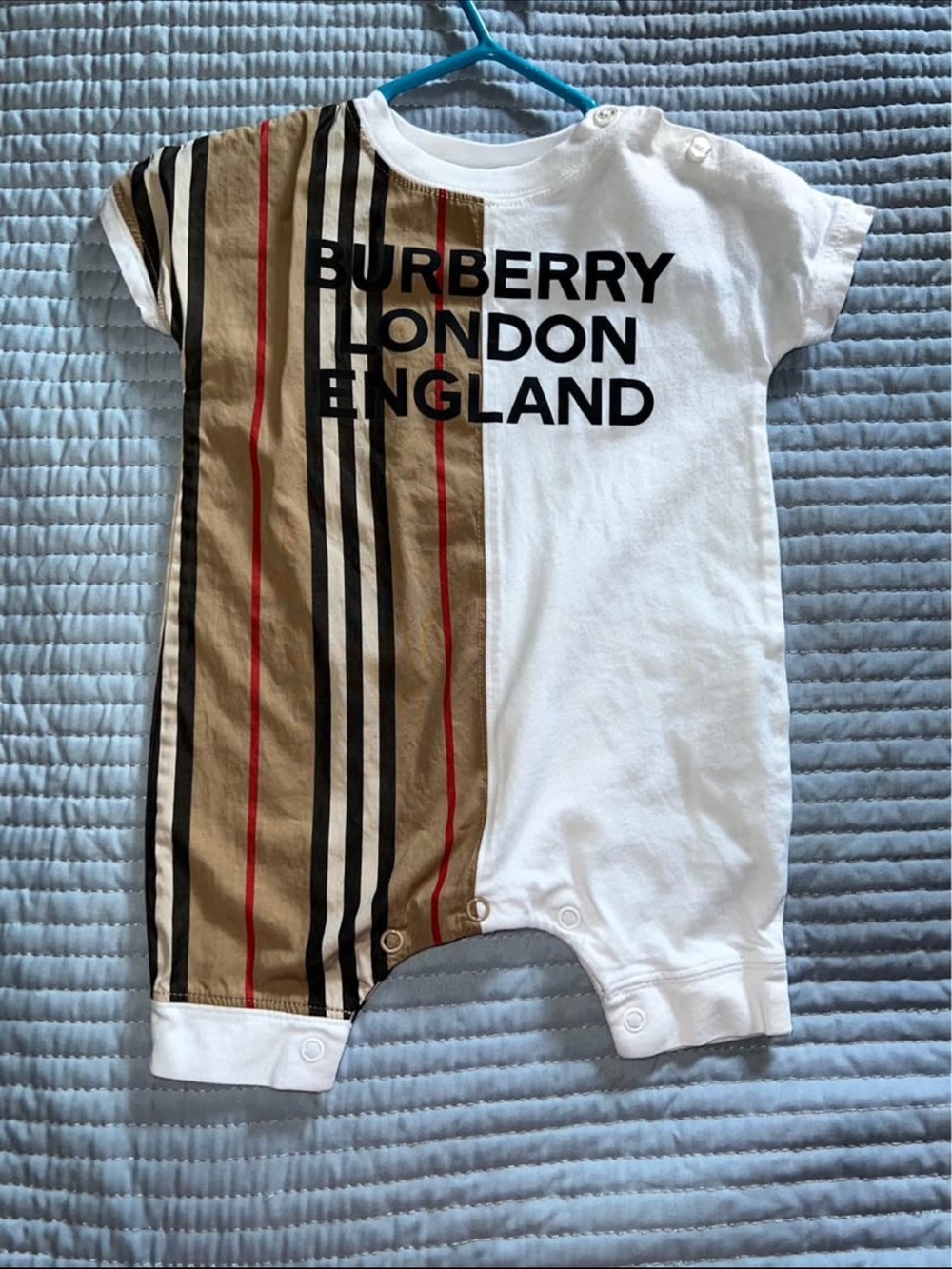 Burberry White, Beige & Black Striped Baby One-Piece